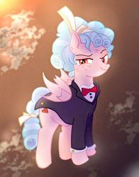 Size: 935x1192 | Tagged: safe, artist:moonlightrift, imported from derpibooru, cozy glow, pegasus, pony, bowtie, clothes, cloud, solo, tuxedo