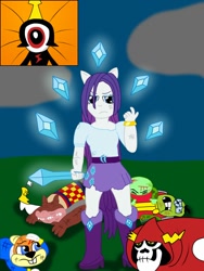 Size: 1500x2000 | Tagged: dead source, safe, artist:cooldudejtb, imported from derpibooru, rarity, equestria girls, commander peepers, conker, conker's bad fur day, crash bandicoot, crash bandicoot (series), crossover, dingodile, fawful, flippy, fliqpy, happy tree friends, lord hater, ponied up, rarity is not amused, super mario, super mario bros., unamused, wander over yonder