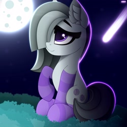 Size: 3000x3000 | Tagged: safe, artist:alexbefest, imported from derpibooru, marble pie, earth pony, pony, clothes, cute, ear fluff, female, marblebetes, mare, moon, night, raised hoof, sitting, smiling, socks, solo, striped socks