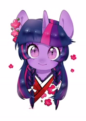 Size: 2480x3508 | Tagged: safe, artist:potetecyu_to, imported from derpibooru, twilight sparkle, pony, alternate hairstyle, braid, braided pigtails, bust, closed mouth, clothes, cute, female, flower, high res, kimono (clothing), looking at you, mare, portrait, simple background, solo, twiabetes, white background