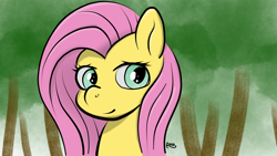 Size: 1920x1080 | Tagged: safe, artist:rossponeart, imported from derpibooru, fluttershy, pegasus, pony, bust, female, forest, head, looking at you, mare, portrait, solo, three quarter view, wallpaper