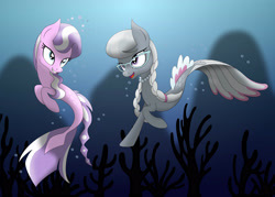 Size: 2898x2070 | Tagged: safe, artist:omnisimon11, imported from derpibooru, diamond tiara, silver spoon, earth pony, pony, seapony (g4), blue eyes, bubble, coral, crepuscular rays, crown, dorsal fin, duo, duo female, female, filly, flowing tail, glasses, grin, high res, jewelry, looking at each other, mare, open mouth, open smile, purple eyes, regalia, seaponified, smiling, species swap, swimming, tail, teeth, underwater, water