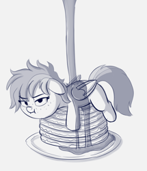 Size: 1408x1638 | Tagged: safe, artist:heretichesh, imported from derpibooru, oc, oc only, oc:maple, pegasus, pony, :i, covered in syrup, female, filly, food, freckles, giant food, grumpy, i'm pancake, maple syrup, pancakes, plate, ponies in food, solo, unamused, upset