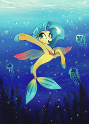 Size: 870x1200 | Tagged: safe, artist:skyeypony, imported from derpibooru, princess skystar, jellyfish, seapony (g4), my little pony: the movie, bioluminescent, blue eyes, bubble, clothes, crepuscular rays, cute, eyelashes, female, fin wings, fins, fish tail, flower, flower in hair, flowing mane, freckles, jewelry, necklace, open mouth, pearl necklace, seaweed, see-through, signature, skyabetes, smiling, solo, sunlight, tail, underwater, water, wings