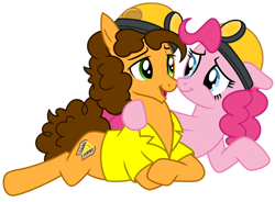 Size: 1024x752 | Tagged: safe, artist:emeraldblast63, idw, imported from derpibooru, cheese sandwich, pinkie pie, spoiler:comic94, cheesepie, female, helmet, idw showified, lying down, male, mining helmet, prone, ship, shipping, simple background, straight, transparent background