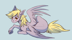 Size: 3060x1712 | Tagged: safe, artist:1an1, imported from derpibooru, derpy hooves, pegasus, pony, blue background, blushing, chest fluff, dimples of venus, female, looking at you, lying down, mare, on side, side, simple background, solo, underhoof