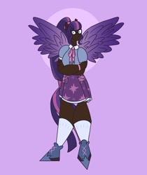 Size: 1080x1285 | Tagged: safe, artist:staramuletart, imported from derpibooru, twilight sparkle, human, clothes, crossed arms, dark skin, female, glasses, humanized, purple background, shoes, simple background, skirt, socks, solo, winged humanization, wings