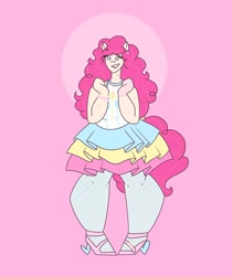 Size: 1080x1285 | Tagged: safe, artist:staramuletart, imported from derpibooru, pinkie pie, human, clothes, eared humanization, female, high heels, humanized, pink background, shoes, simple background, skirt, solo