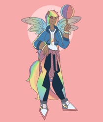 Size: 1080x1285 | Tagged: safe, artist:staramuletart, imported from derpibooru, rainbow dash, human, basketball, bracelet, clothes, converse, dark skin, female, humanized, jacket, jewelry, pants, pink background, shoes, simple background, solo, sports, winged humanization, wings