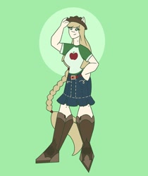 Size: 1080x1285 | Tagged: safe, artist:staramuletart, imported from derpibooru, applejack, human, boots, braid, clothes, eared humanization, female, green background, hand on hip, hat, humanized, shoes, simple background, skrt, solo