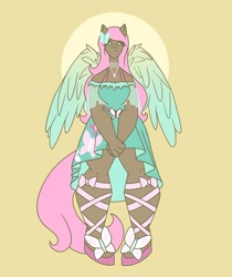 Size: 1080x1285 | Tagged: safe, artist:staramuletart, imported from derpibooru, fluttershy, human, clothes, dark skin, dress, female, humanized, simple background, solo, winged humanization, wings, yellow background