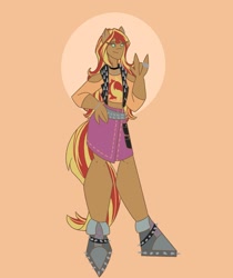 Size: 1080x1285 | Tagged: safe, artist:staramuletart, imported from derpibooru, sunset shimmer, human, clothes, dark skin, eared humanization, female, humanized, jewelry, orange background, ring, shoes, simple background, skirt, solo, waving