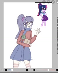 Size: 1080x1346 | Tagged: safe, artist:_idiot.with.the.painted.face, imported from derpibooru, sci-twi, twilight sparkle, human, equestria girls, clothes, female, glasses, hand on hip, humanized, scarf, screencap reference, skirt, socks, solo, striped socks, waving