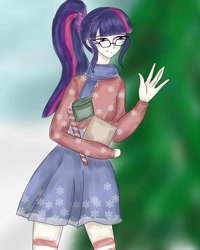 Size: 1080x1350 | Tagged: safe, alternate version, artist:_idiot.with.the.painted.face, imported from derpibooru, sci-twi, twilight sparkle, human, equestria girls, clothes, female, glasses, humanized, outdoors, scarf, skirt, smiling, socks, solo, striped socks, waving