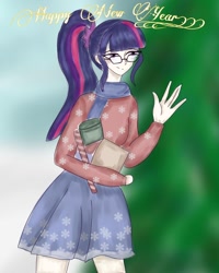 Size: 1080x1350 | Tagged: safe, alternate version, artist:_idiot.with.the.painted.face, imported from derpibooru, sci-twi, twilight sparkle, human, equestria girls, clothes, female, glasses, happy new year 2021, humanized, outdoors, scarf, skirt, smiling, socks, solo, striped socks, tree, waving