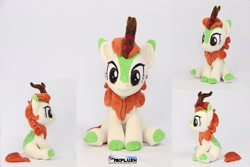 Size: 4096x2731 | Tagged: safe, artist:nekokevin, imported from derpibooru, autumn blaze, kirin, awwtumn blaze, c:, cloven hooves, cute, female, irl, looking at you, photo, plushie, side view, sitting, smiling, solo