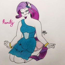 Size: 1080x1077 | Tagged: safe, artist:a_l1ttl3_b0y, imported from derpibooru, rarity, equestria girls, bracelet, clothes, dress, female, grin, jewelry, kneeling, ponied up, signature, smiling, solo, traditional art