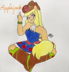 Size: 1080x1128 | Tagged: safe, artist:a_l1ttl3_b0y, imported from derpibooru, applejack, equestria girls, boots, clothes, crossed legs, female, grin, ponied up, shoes, signature, skirt, smiling, solo, traditional art