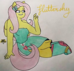 Size: 1080x1031 | Tagged: safe, artist:a_l1ttl3_b0y, imported from derpibooru, fluttershy, equestria girls, boots, clothes, dress, female, grin, hairclip, ponied up, shoes, signature, sitting, smiling, solo, traditional art, wings