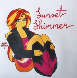 Size: 1080x1088 | Tagged: safe, artist:a_l1ttl3_b0y, imported from derpibooru, sunset shimmer, equestria girls, boots, clothes, female, frown, jacket, ponied up, shoes, signature, sitting, smiling, solo, traditional art