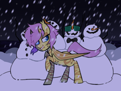 Size: 1500x1130 | Tagged: safe, artist:renhorse, imported from derpibooru, oc, oc only, oc:stripe fright, bat pony, pony, female, mare, shutter shades, snowman, solo, sunglasses