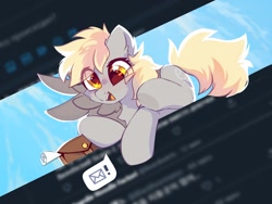 Size: 2000x1500 | Tagged: safe, artist:mirtash, imported from derpibooru, derpy hooves, pegasus, pony, cheek fluff, chest fluff, colored pupils, cute, derpabetes, ear fluff, eye clipping through hair, female, i just don't know what went wrong, mail, mare, meta, open mouth, pictogram, silly, silly pony, smiling, solo, speech bubble, spread wings, twitter, underhoof, wings