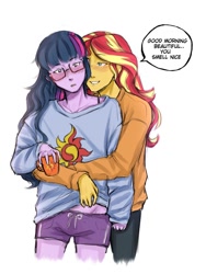 Size: 600x800 | Tagged: safe, artist:itzlazeii, imported from derpibooru, sci-twi, sunset shimmer, twilight sparkle, equestria girls, blushing, clothes, cutie mark, cutie mark accessory, cutie mark on clothes, female, glasses, hug, hug from behind, jeans, lesbian, loose hair, midriff, mug, oversized clothes, pants, scitwishimmer, shipping, shorts, sunsetsparkle, sweater