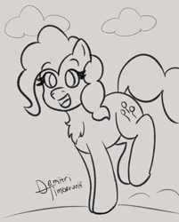 Size: 2900x3600 | Tagged: safe, artist:demitri, imported from derpibooru, pinkie pie, earth pony, pony, chest fluff, cloud, cute, diapinkes, female, happy, hopping, mare, monochrome, pinkie being pinkie, signature, sketch, smiling, solo