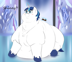 Size: 1724x1487 | Tagged: safe, artist:lupin quill, imported from derpibooru, shining armor, pony, unicorn, belly, belly on floor, bhm, big belly, bingo wings, blushing, butt, chest fluff, chocolate, chubby cheeks, double chin, fat, fat fetish, fetish, flabby chest, food, implied princess cadance, large butt, levitation, magic, male, morbidly obese, obese, offscreen character, rolls of fat, scrunchy face, shining blubber, solo, telekinesis, unshorn fetlocks