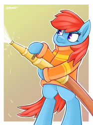 Size: 1500x2003 | Tagged: safe, artist:rivin177, imported from derpibooru, oc, oc only, earth pony, pegasus, pony, bipedal, commission, fire, firefighter, hose, medibang paint, solo, standing, water