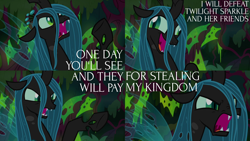 Size: 2000x1125 | Tagged: safe, edit, edited screencap, editor:quoterific, imported from derpibooru, screencap, queen chrysalis, changeling, changeling queen, the beginning of the end, angry, derp, female, open mouth, solo