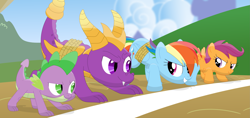 Size: 3559x1684 | Tagged: safe, artist:porygon2z, imported from derpibooru, rainbow dash, scootaloo, spike, dragon, pegasus, pony, crossover, spyro the dragon, spyro the dragon (series)