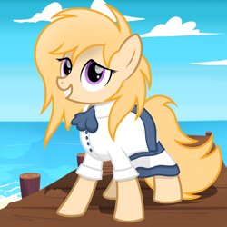 Size: 3000x3000 | Tagged: safe, artist:pizzamovies, imported from derpibooru, oc, oc only, oc:jackie spectre, earth pony, pony, beach, clothes, cloud, dock, dress, eyes open, female, looking at you, mare, open mouth, smiling, solo, teeth, three quarter view, water