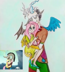 Size: 540x598 | Tagged: safe, artist:lunaart, imported from derpibooru, screencap, discord, fluttershy, human, to where and back again, eared humanization, horn, horned humanization, hug, humanized, scene interpretation, screencap reference, winged humanization, wings