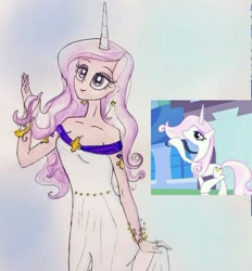 Size: 540x583 | Tagged: safe, artist:lunaart, imported from derpibooru, screencap, fleur-de-lis, human, unicorn, sweet and elite, alternative cutie mark placement, horn, horned humanization, humanized, screencap reference, shoulder cutie mark, shoulderless, solo, traditional art