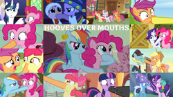 Size: 1978x1113 | Tagged: safe, edit, edited screencap, editor:quoterific, imported from derpibooru, screencap, apple bloom, applejack, fluttershy, loose tracks, pinkie pie, rarity, scootaloo, shining armor, spitfire, starlight glimmer, sweetie belle, trixie, twilight sparkle, earth pony, pegasus, pony, unicorn, call of the cutie, it's about time, luna eclipsed, putting your hoof down, somepony to watch over me, sounds of silence, the one where pinkie pie knows, the washouts (episode), to where and back again, applejack's hat, clothes, cowboy hat, cutie mark crusaders, eyes closed, female, filly, future twilight, hat, hoof in mouth, male, open mouth, trixie's hat, unicorn twilight