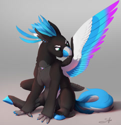 Size: 1235x1275 | Tagged: safe, artist:silfoe, imported from derpibooru, oc, oc only, oc:turntable, hippogriff, beak, claws, commission, feather, grooming, hippogriff oc, jewelry, male, necklace, preening, signature, simple background, sitting, solo, spread wings, underhoof, wings