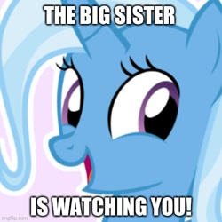 Size: 500x500 | Tagged: safe, imported from derpibooru, trixie, pony, unicorn, 1984, bust, caption, image macro, imgflip, looking at you, meme, reference, solo, text