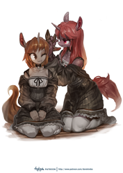 Size: 2480x3508 | Tagged: safe, artist:derekireba, imported from derpibooru, oc, oc only, oc:ora, oc:silver bubbles, anthro, unguligrade anthro, unicorn, choker, clavicle, clothes, crossdressing, female, femboy, hands in lap, kneeling, maid, male, mare, one eye closed, pantyhose, peaceful, skirt, smiling, tying bow