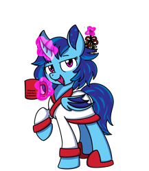 Size: 2000x2300 | Tagged: safe, artist:sugar morning, edit, imported from ponybooru, oc, oc only, oc:sapphire soulfire, alicorn, bat pony, bat pony alicorn, hybrid, alicorn oc, bat pony oc, bat sapphire soulfire, bat wings, bath water, bathrobe, blue coat, blue mane, blue tail, clothes, commission, commissioner:sapphie, cup, disguise, disguised changeling, eye bag, female, floating, folded wings, holly, holly mistaken for mistletoe, horn, implied princess celestia, looking at you, magic, mare, mistletoe, pink eyes, raised hoof, robe, shitposting, simple background, slippers, smiling, solo, telekinesis, tired, transparent background, wings