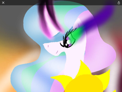 Size: 720x540 | Tagged: safe, artist:bloom424, imported from ponybooru, princess celestia, alicorn, pony, blended background, colored horn, curved horn, dark magic, female, glowing horn, horn, magic, mare, solo, sombra eyes, sombra horn, sun, wattpad