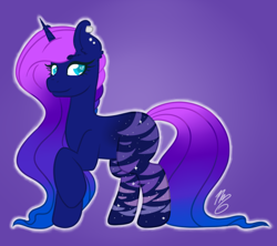 Size: 536x476 | Tagged: safe, artist:nate-doodles, imported from ponybooru, oc, oc only, oc:midnight rose, pony, unicorn, ear piercing, female, gradient mane, gradient tail, horn, mare, piercing, raised hoof, solo