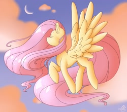 Size: 2600x2300 | Tagged: safe, artist:nate-doodles, imported from ponybooru, fluttershy, pegasus, pony, cloud, crescent moon, eyes closed, female, flying, mare, moon, open mouth, sky, solo, spread wings, wings