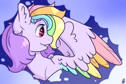 Size: 2412x1608 | Tagged: safe, artist:nate-doodles, imported from ponybooru, oc, oc only, pegasus, pony, ear fluff, ears, female, mare, multicolored hair, rainbow feathers, rainbow hair, solo, spread wings, wings