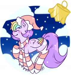 Size: 3355x3540 | Tagged: safe, artist:nate-doodles, imported from ponybooru, oc, oc only, pegasus, pony, christmas, clothes, cloud, female, hat, holiday, mare, multicolored hair, rainbow feathers, rainbow hair, santa hat, scarf, snow, snowfall, socks, solo, striped socks, thigh highs