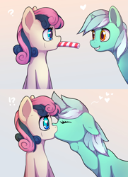 Size: 2360x3263 | Tagged: safe, anonymous editor, artist:senaelik, edit, imported from ponybooru, bon bon, lyra heartstrings, sweetie drops, earth pony, pony, unicorn, /mlp/, adorabon, candy, candy cane, comic, cute, deepthroat, drawthread, eating, eyes closed, female, food, heart, heart eyes, kissing, lesbian, lyrabetes, lyrabon, ponified, request, requested art, shipping, stealing, surprise kiss, surprised, throat bulge, wingding eyes