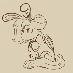 Size: 4000x4000 | Tagged: safe, artist:nate-doodles, imported from ponybooru, oc, oc only, oc:sonia star, bat pony, pony, bat wings, bunny ears, crossed hooves, female, mare, monochrome, pouting, sitting, solo, wings