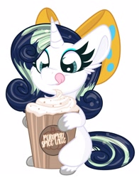 Size: 1650x2100 | Tagged: safe, artist:littleblackraencloud, imported from ponybooru, oc, oc only, oc:deeep dope, pony, unicorn, bow, coffee, commission, eyeshadow, female, food, horn, latte, licking, licking lips, makeup, mare, pumpkin spice, pumpkin spice latte, simple background, solo, tongue out, white background, ych result