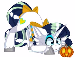 Size: 3941x3121 | Tagged: safe, artist:rozysweettempest, imported from ponybooru, oc, oc only, oc:deeep dope, pony, unicorn, bow, eyeshadow, face down ass up, female, halloween, holiday, horn, jack-o-lantern, makeup, mare, pumpkin, simple background, solo, tail bow, watermark, white background