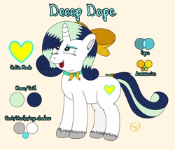 Size: 2048x1754 | Tagged: artist needed, safe, imported from ponybooru, oc, oc only, oc:deeep dope, pony, unicorn, bow, choker, eyeshadow, female, horn, makeup, mare, reference sheet, solo, tail bow, tongue out